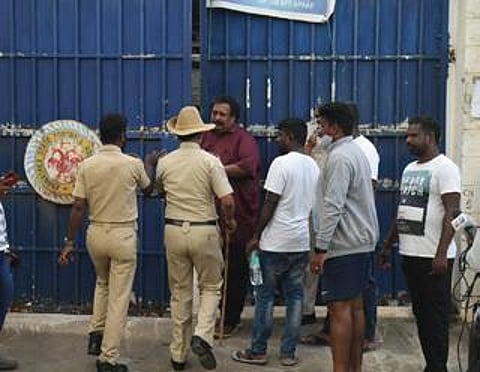 Police visit the Bangalore Football Stadium in Ashoknagar on Sunday