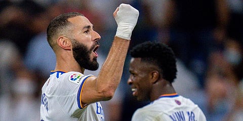Real Madrid's Karim Benzema celebrates after scoring a penalty kick during the Spanish La Liga soccer match between Real Madrid and Celta de Vigo at the Bernabeu Stadium in Madrid. (Photo | AP)