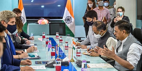 Union Power Minister RK Singh during meeting with U.S. Spacial Presidential Envoy for Climate John Kerry in New Delhi, Monday, Sept. 13, 2021. (Photo | PTI)