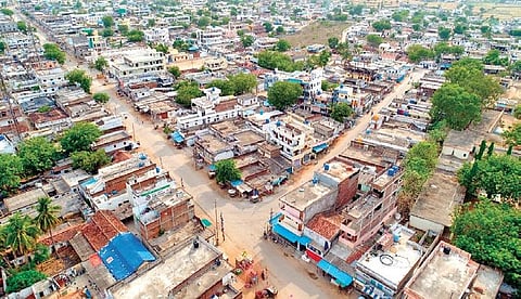 An aerial view of Bhoodan Pochampally village, located in Bhuvanagiri district.