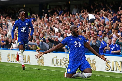 Chelsea's Romelu Lukaku, right, celebrates after scoring goal during Premier League match at the Stamford Bridge Stadium in London. (Photo | AP)