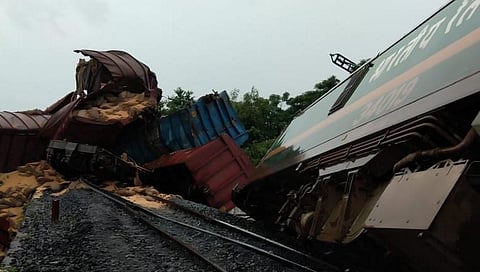 The derailed good trains on a single line track between Angul and Talcher Road.