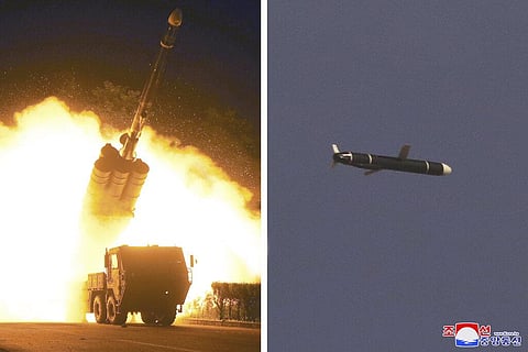 This combination of photos provided by the North Korean government on Monday, Sept. 13, 2021, shows long-range cruise missiles tests. (Photo | AP)