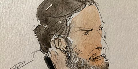 This courtroom sketch shows key defendant Salah Abdeslam, in the special courtroom built for the 2015 attacks trial, Wednesday, Sept. 8, 2021 in Paris. (Photo | AP)