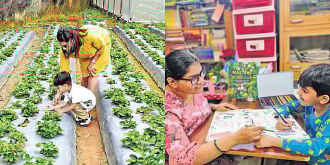 Shruti Bhatt enjoying a gardening session with her son Rivaan (L) and Tapasya Kumar's son Viaan. (Photo| EPS)
