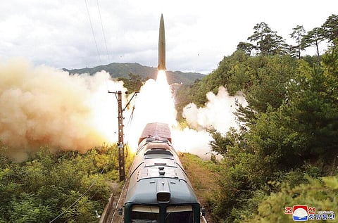 This photo provided by the North Korean government Thursday, Sept. 16, 2021, shows a missile test firing launched from a train. (Photo | AP)
