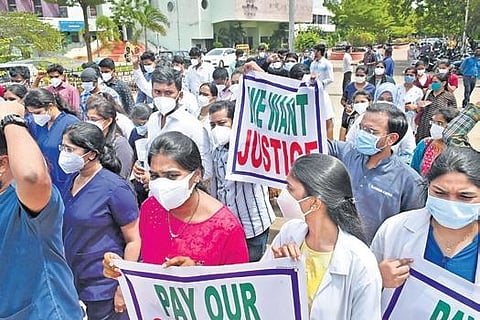 Pressing their demands, around 110 medical duty officers (MDOs) called off their duties and participated in a strike at New Government General Hospital (GGH)
