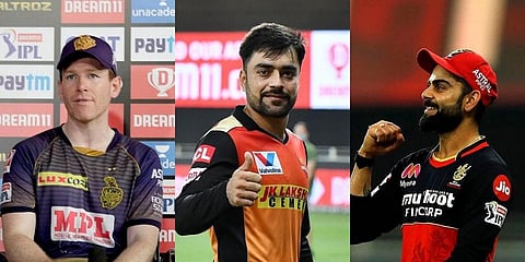 Kolkata Knight Riders captain Eoin Morgan (L), Sunrisers Hyderabad spin wizard Rashid Khan (C) and Royal Challengers Bangalore skipper Virat Kohli (Photos | IPL)