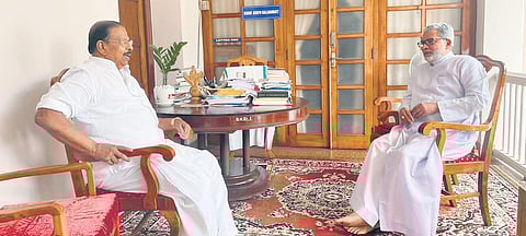 K Sudhakaran in talks with Mar Joseph Kallarangatt in Pala on Thursday
