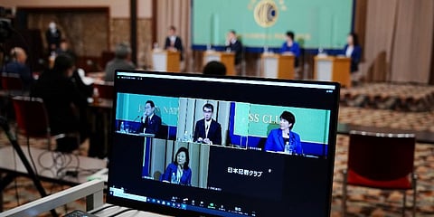A computer monitor shows the live streaming of the candidates for the presidential election of the ruling Liberal Democratic Party speaking at a debate session, Sept 18, 2020. (Photo | AP)