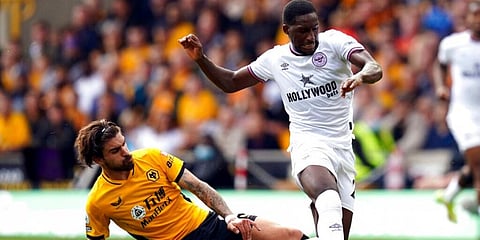 Brentford's Shandon Baptiste(R) and Wolverhampton Wanderers' Ruben Neves during their English Premier League match. (Photo | AP)