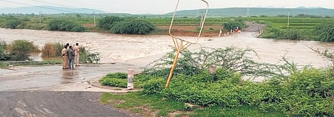 A road inundated by an overflowing lake in Guntur district’s Dachepalli on Wednesday. (Photo | Express)