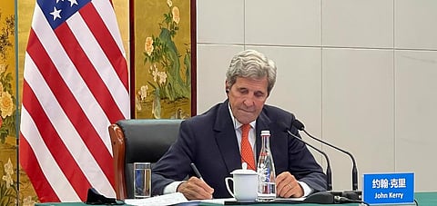 U.S. Special Presidential Envoy for Climate John Kerry attends a meeting with Yang Jiechi, Director of China's Office of the Central Commission for Foreign Affairs. (Photo | US State Department)