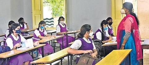 A teacher taking a class for a group of students at Keyes High School For Girls, Secunderabad on Wednesday. (Photo| Vinay Madapu)