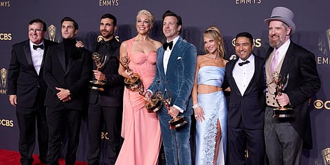 The cast and crew from 'Ted Lasso' pose with their awards at the 73rd Primetime Emmy Awards on Sunday. (Photo| AP)
