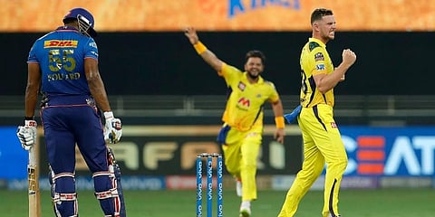 Josh Hazelwood of Chennai Super Kings celebrates the wicket of Kieron Pollard of Mumbai Indians during the IPL match between the Chennai Super Kings and the Mumbai Indians (Photo | ANI)