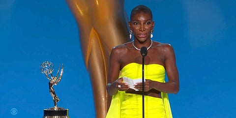 Actor-writer Michaela Coel accepts the award for outstanding writing for 'I May Destroy You' during the Primetime Emmy Awards. (Photo| AP)