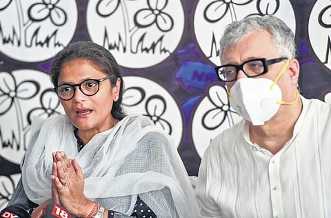 Sushmita Dev (L) addresses the media with TMC MP Derek O’Brien. (File Photo | PTI)