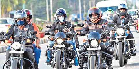 Women bikers mark ‘World Patient Safety Day’ organised by Rainbow Children’s Hospital at Hebbal in Bengaluru on Sunday. (Photo | EPS)