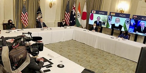 US President Joe Biden interacts with Indian Prime Minister Narendra Modi Australian PM Scott Morrison and Japanese PM Yoshihide Suga during a virtual QUAD summit. (File photo | PTI)