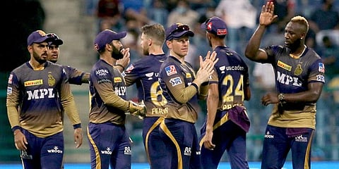 Kolkata Knight Riders players celebrate a wicket. (Photo | ANI)
