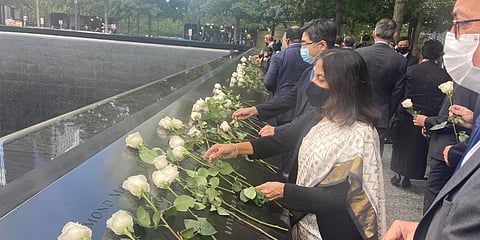 Senior Indian diplomat Reenat Sandhu at a memorial ceremony for 9/11 attacks in New York. (Photo| Twitter)