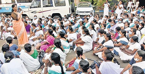 Hundreds of Village Health Nurses protesting against ‘14 working hours’ at the Directorate of Medical and Rural Health Services in Chennai on Tuesday | p jawahar