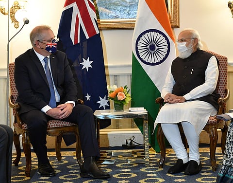 PM Modi with his Australian counterpart Scott Morrison. (Photo | Twitter)