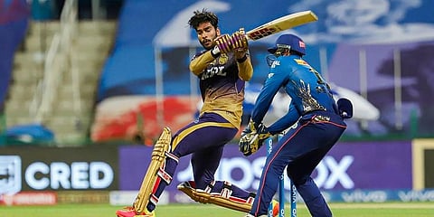 Venkatesh Iyer of Kolkata Knight Riders plays a shot during Vivo Indian Premier League between Mumbai Indians and Kolkata Knight Riders (Photo | PTI)
