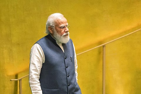 India's Prime Minister Narendra Modi arrives to address the 76th Session of the U.N. General Assembly at United Nations headquarters in New York (Photo | AP)
