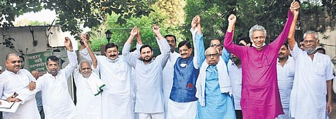 Leader of Opposition Tejashwi Yadav with allies of Mahagathbandhan on Friday. (Photo | PTI)