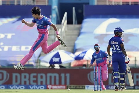 Kartik Tyagi of Rajasthan Royals celebrates the wicket of Shikhar Dhawan of Delhi Capitals during match 36 of the Indian Premier League. (Photo | PTI)