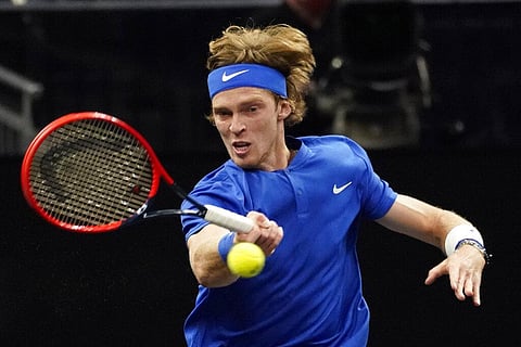 Team Europe's Andrey Rublev, of Russia, returns the ball to Team World's Diego Schwartzman, of Argentina, at Laver Cup tennis. (Photo | AP)