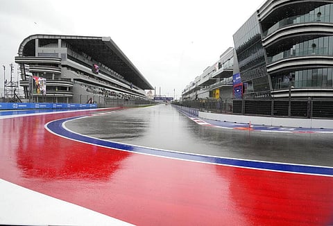 General view of the track as the third practice session is cancelled due to rain at the Sochi Autodrom circuit, in Sochi, Russia. (Photo | AP)
