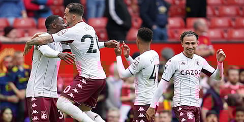 Aston Villa players celebrate at the end of the EPL match against Manchester United at the Old Trafford stadium in Manchester. (Photo | AP)