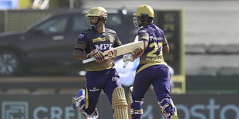 Rahul Tripathi (foreground) and Nitish Rana of Kolkata Knight Riders (Photo | PTI)