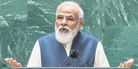 Narendra Modi addresses the 76th session of UN general assembly. (Photo | PTI)