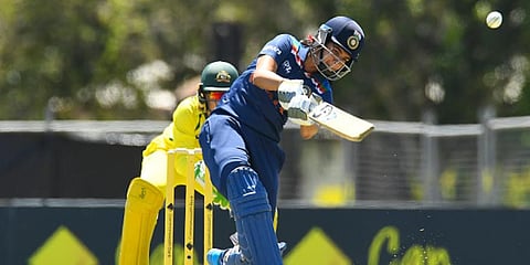 Yastika Bhatia reached her maiden half-century in ODIs and top scored in India's innings blasting 64 off 69 deliveries with the help of nine boundaries. (Photo | Twitter, BCCI Women)