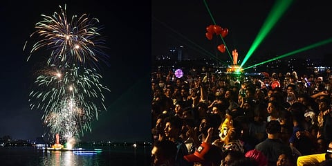 Fireworks illuminate the Tank Bund stretch in Hyderabad; (right) a huge crowd enjoys ‘Sunday Funday’ activities | S Senbagapandiyan