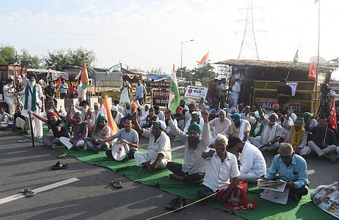 Farmers block road during their 'Bharat Bandh' at Ghazipur border in New Delhi. (Photo | Parveen Negi, EPS)