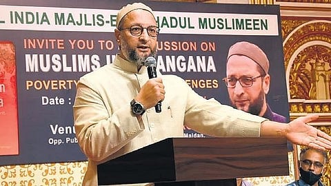 AIMIM chief Asaduddin Owaisi speaks during a discussion in Hyderabad.