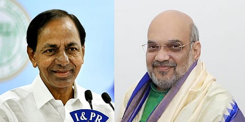 K Chandrasekhar Rao and Amit Shah (Photo | Express)