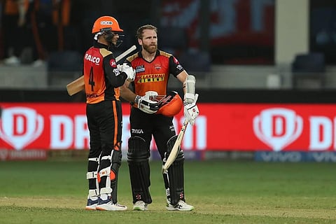 Abhishek Sharma of Sunrisers Hyderabad and Kane Williamson captain of Sunrisers Hyderabad celebrate the win during match 40 of the Vivo Indian Premier League. (Photo | PTI)