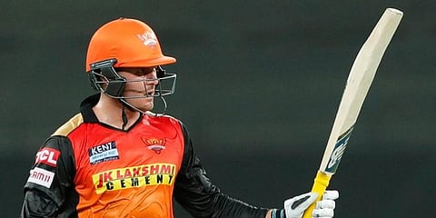 Jason Roy of SRH celebrates his half century against RR. (Photo | ANI)