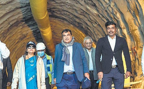 Road transport and highway minister Nitin Gadkari along with minister of state VK singh and others reviewing the progress of Zojila and Z-Morh tunnel projects