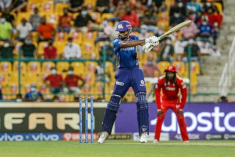Hardik Pandya of Mumbai Indians plays a shot during the Indian Premier League match between Mumbai Indians and Punjab Kings. (Photo | PTI)