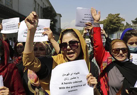 Women gather to demand their rights under the Taliban rule during a protest in Kabul, Afghanistan, Friday, Sept. 3, 2021. (Photo | AP)