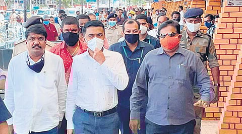 Goa Chief Minister Pramod Sawant (centre) visits Khau Katta, a complex of eateries in Belagavi city on Thursday | express
