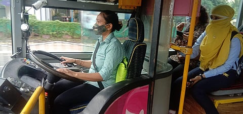 Ritu Narwal and Archana Katare have been assigned to drive two Pink iBuses in tandem in the morning shift between 8 am and 2 pm. (Photo | Special arrangement)