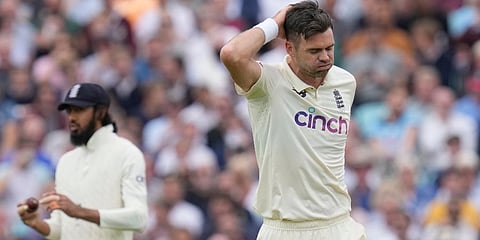 James Anderson reacts after bowling to Ravindra Jadeja on the first day of the fourth Test between England and India at The Oval cricket ground in London. (Photo | AP)